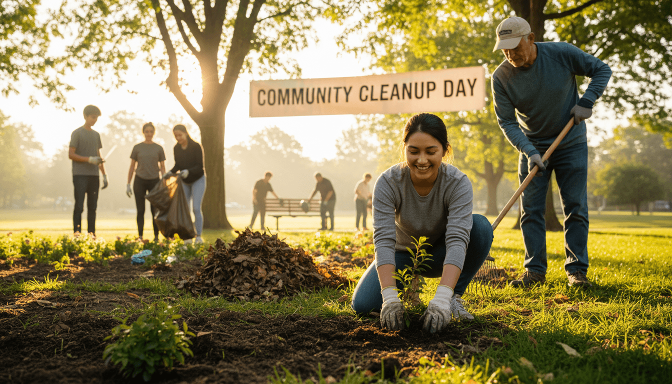 Diverse volunteers gathered together on an Atlanta street, smiling and engaged in campaign work